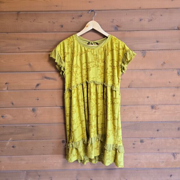 Anthropologie Ruffle Knit Mini Dress Chartreuse Bow Back Small Open Back Boho - Picture 2 of 6